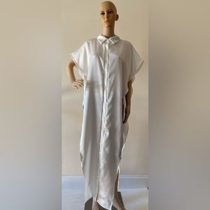 White Asymmetrical Side Slit Sleeveless Button-down Maxi Shirt Blouse